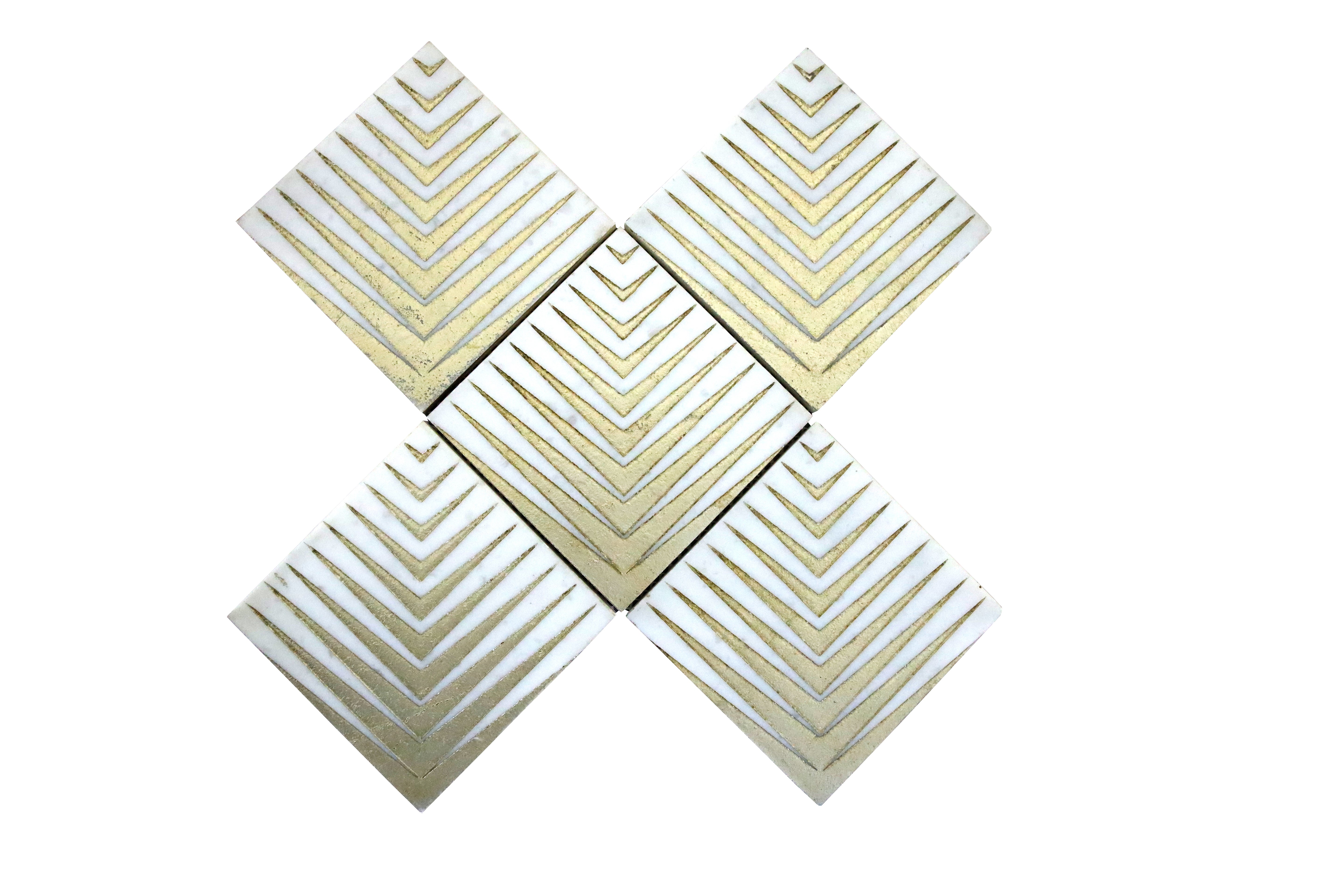 Agape White gold marble geometric mosaic tile with decorative linear pattern
