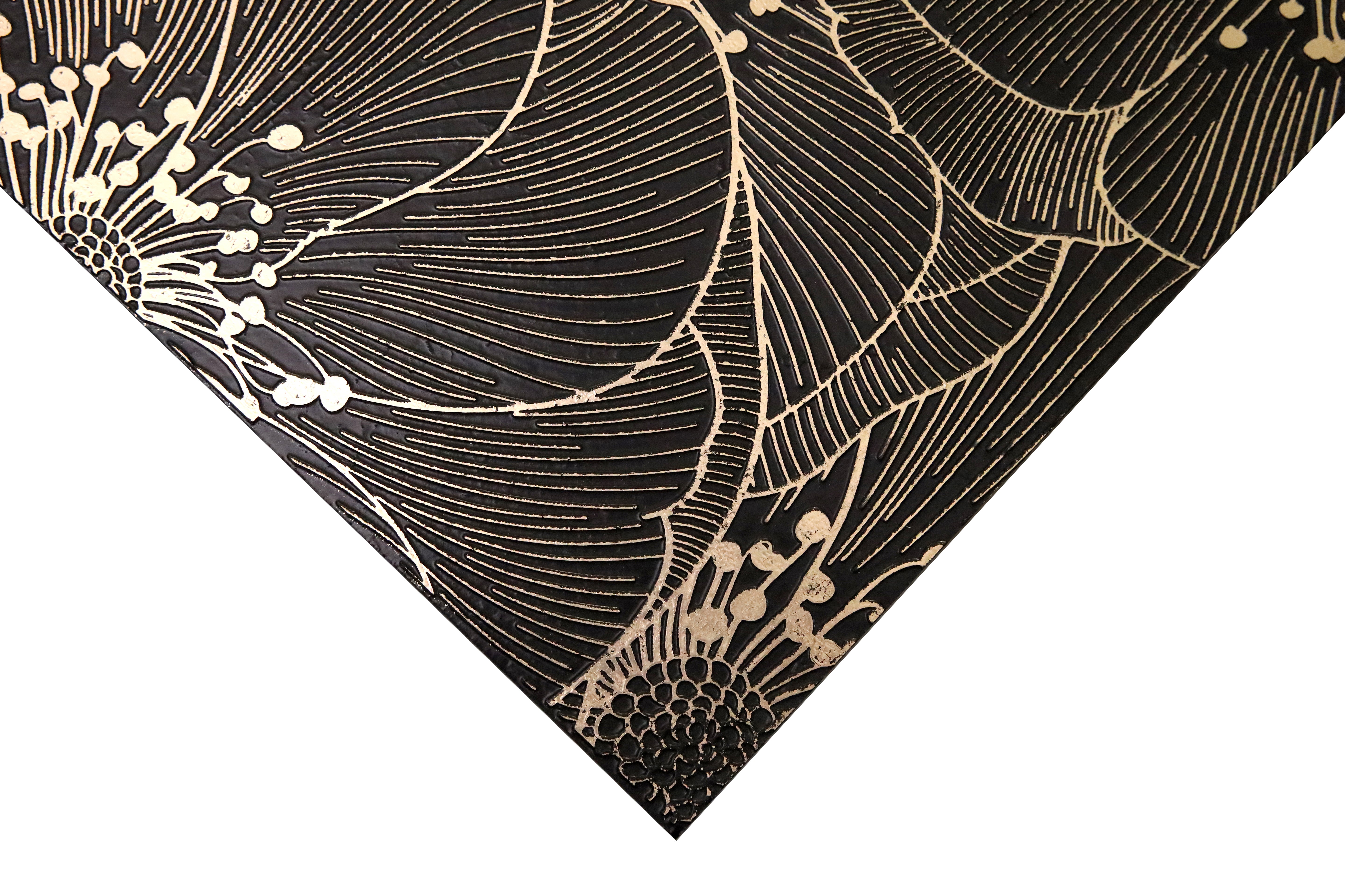Black and gold floral decorative tile with dimensional botanical pattern detail
