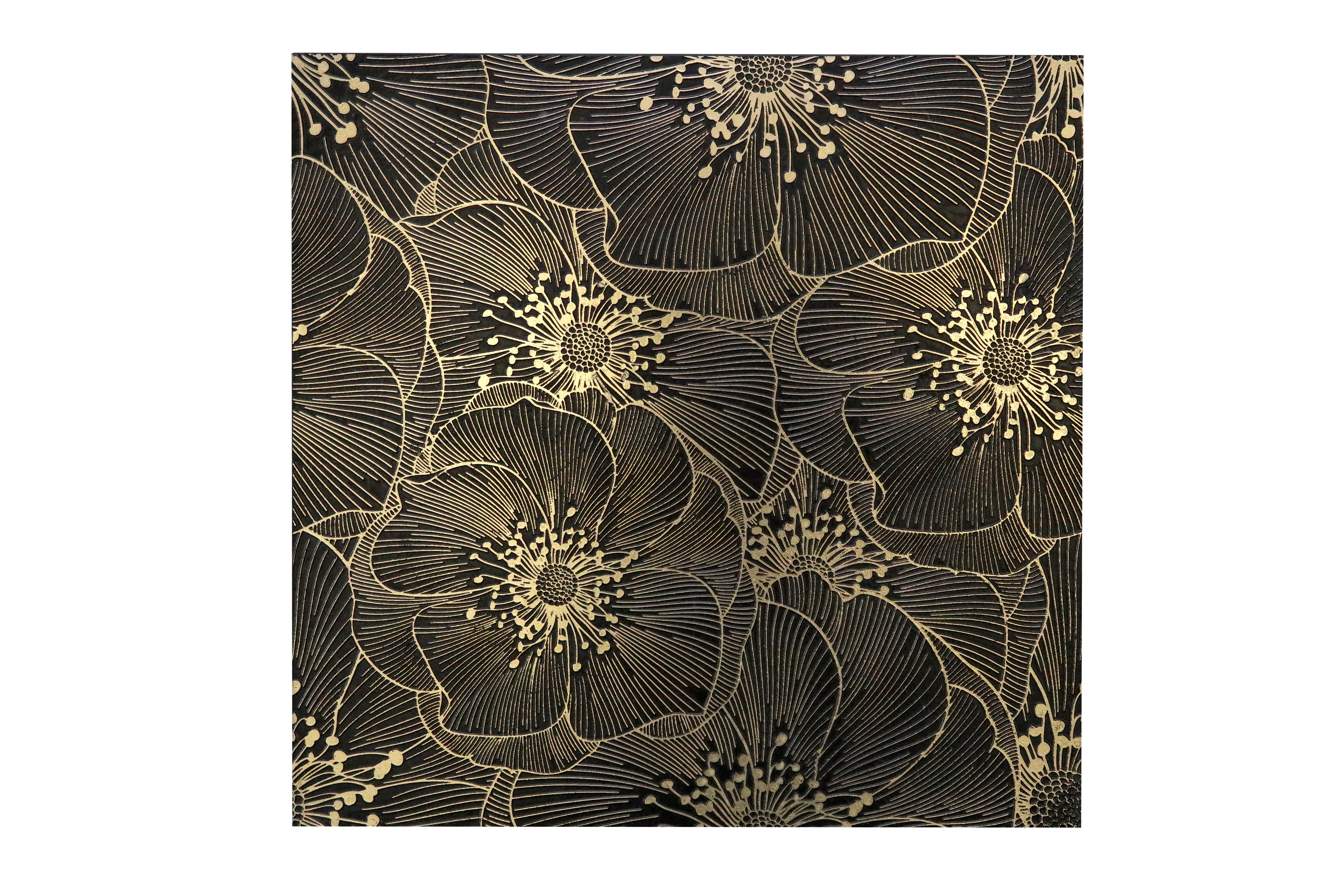 Golden Blossom Nero 18x18 floral decorative tile with black and gold engraved texture