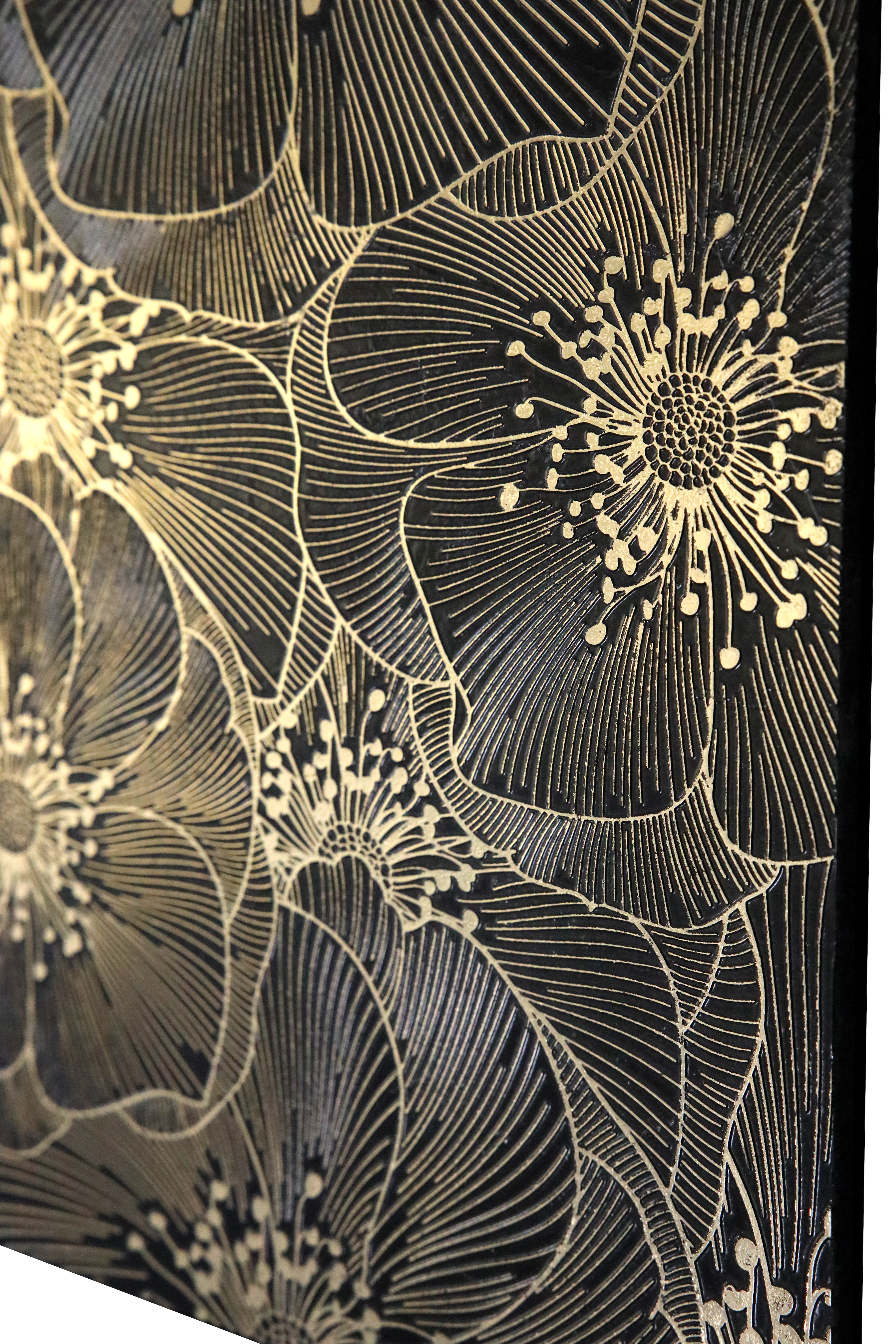 Golden Blossom Nero floral decorative tile installed on a luxury feature wall