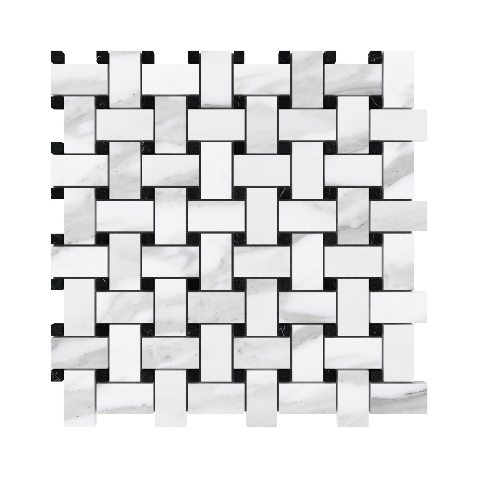 13x13 Polished Statuario Basketweave (LARGE) With Toros Black Dot
