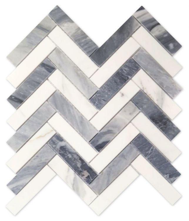 Herringbone Dusk 11.25 x 11.25 Calacatta White Marble mixed with Italian Grey Marble